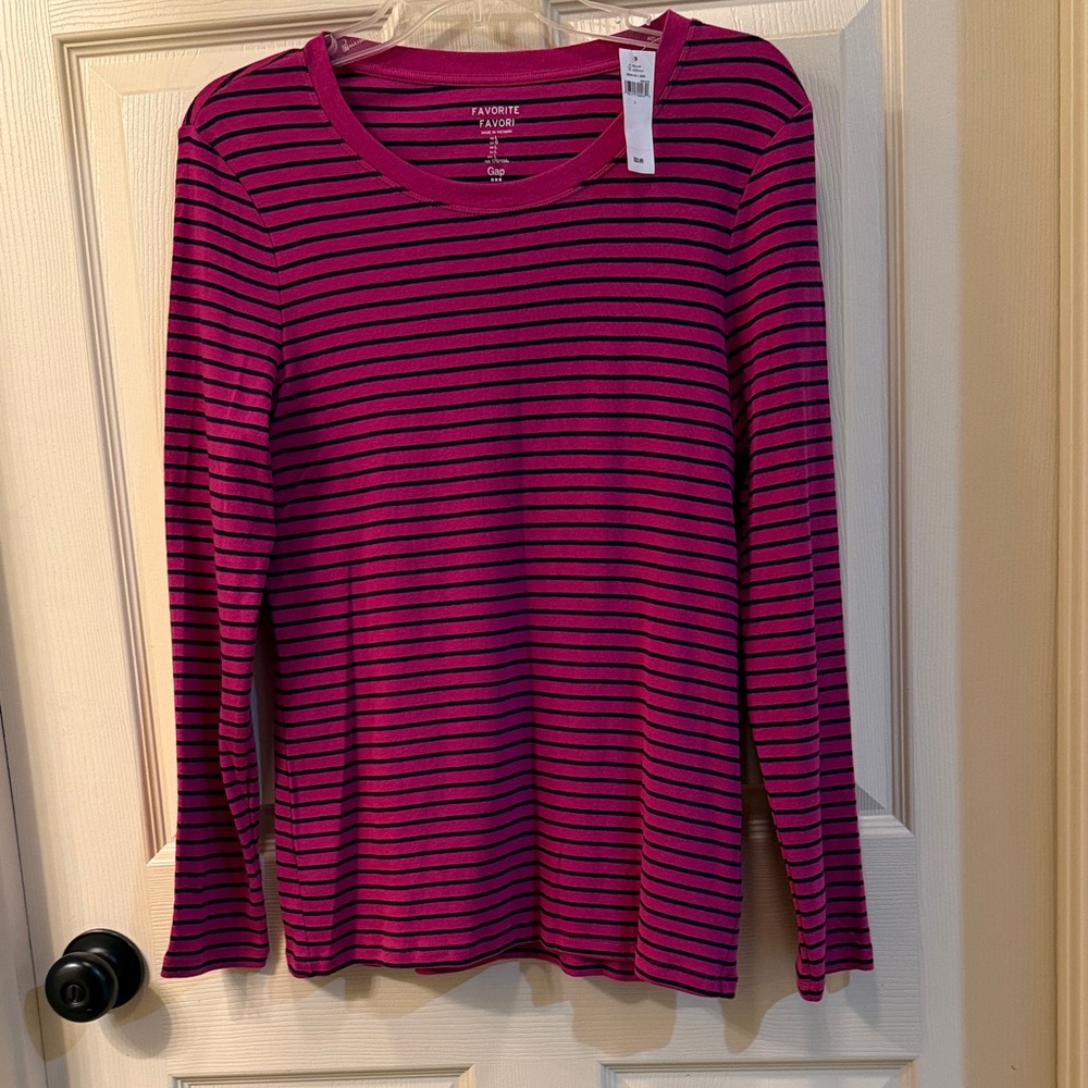 GAP Women's Fuchsia and Black Striped Long Sleeve Top